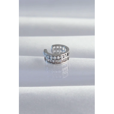 Pirinç Gümüş Renk İncili Baget Taşlı Earcuff Küpe