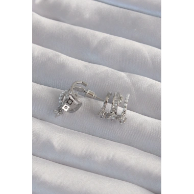 Pirinç Gümüş Renk İncili Çoklu Zirkon Taşlı Yarım Halka Küpe