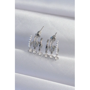 Pirinç Gümüş Renk İncili Çoklu Zirkon Taşlı Yarım Halka Küpe