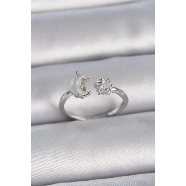 Pirinç Gümüş Renk İncili Hilal Zirkon Taşlı Yıldız Ayarlanabilir Kadın Yüzük