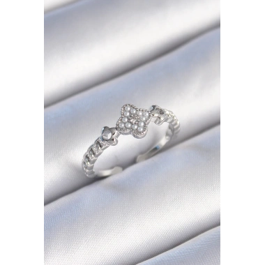 Pirinç Gümüş Renk İncili Yonca Model Zirkon Taş Detaylı Kadın Yüzük