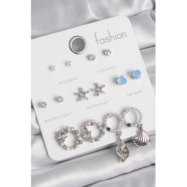 Pirinç Gümüş Renk İncli Zirkon Taşlı Halka Figür Yıldız Detay 7 Çift Kadın Küpe Seti