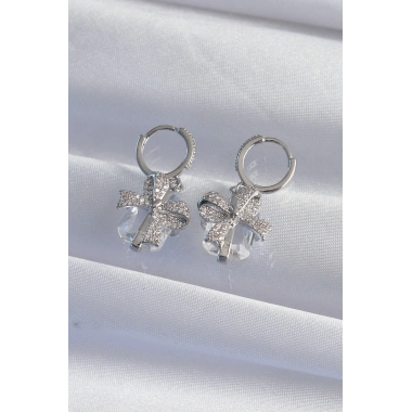 Pirinç Gümüş Renk İri Zirkon Taşlı Fiyonk Model Halka Küpe