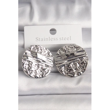 Pirinç Gümüş Renk İşlemeli Daire Plaka Model Kadın Küpe