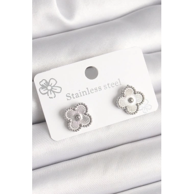 Pirinç Gümüş Renk İşlemeli Yonca Model Kadın Küpe