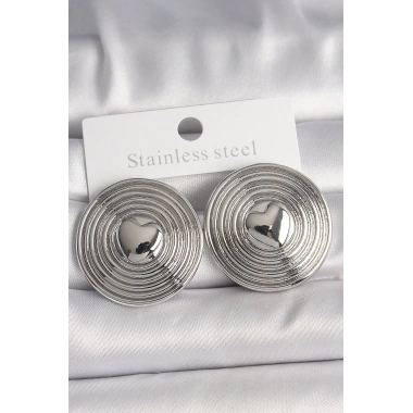 Pirinç Gümüş Renk Kalp İşlemeli Daire Plaka Model Kadın Küpe