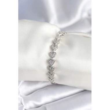 Pirinç Gümüş Renk Kalp Model Kadın Bileklik