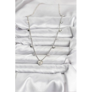 Pirinç Gümüş Renk Kalp Model Kadın Kolye