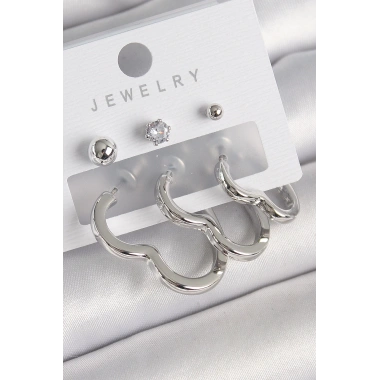 Pirinç Gümüş Renk Kalp Model Zirkon Taş Topçuk Detay Kadın Küpe Seti