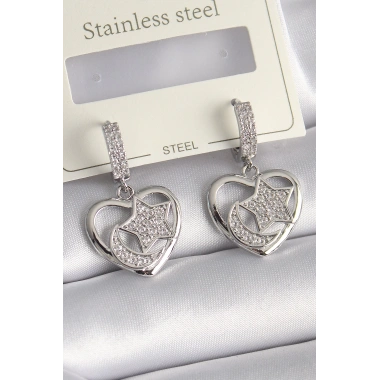 Pirinç Gümüş Renk Kalp Model Zirkon Taşlı Ay Yıldız İşlemeli Kadın Küpe