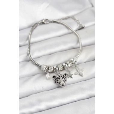 Pirinç Gümüş Renk Kaplan Model Charmlı Kadın Bileklik