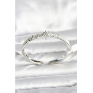 Pirinç Gümüş Renk Kutup Yıldızı Model Kadın Kelepçe Bileklik