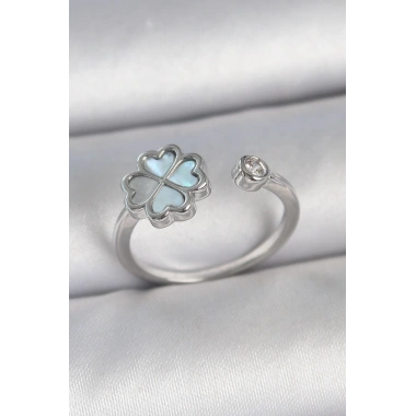 Pirinç Gümüş Renk Mavi Mineli Yonca Model Zirkon Taş Detay Ayarlanabilir Kadın Yüzük