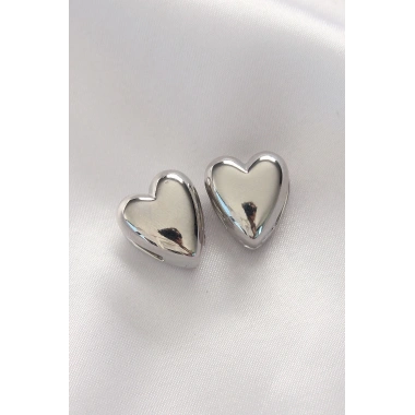 Pirinç Gümüş Renk Minimal Bombeli Kalp Küpe