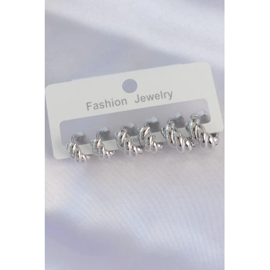 Pirinç Gümüş Renk Minimal Tırtıklı Küpe Seti