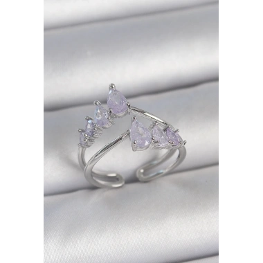 Pirinç Gümüş Renk Mor Damla Zirkon Taşlı Taç Model Kadın Yüzük