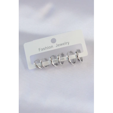 Pirinç Gümüş Renk Oval Bombeli Küpe Seti