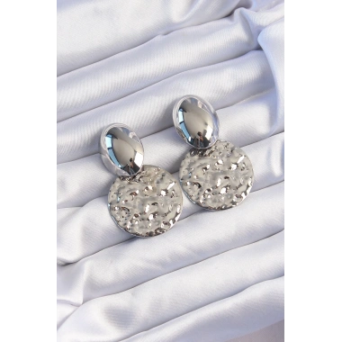 Pirinç Gümüş Renk Oval Ezme Plaka Küpe