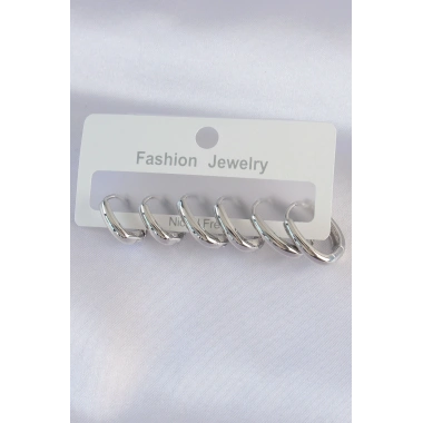 Pirinç Gümüş Renk Oval Küpe Seti