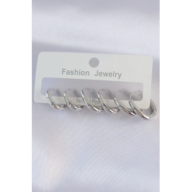 Pirinç Gümüş Renk Oval Küpe Seti