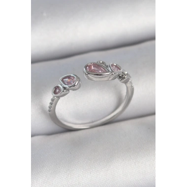 Pirinç Gümüş Renk Pembe Damla Zirkon Taşlı Ayarlanabilir Model Kadın Yüzük