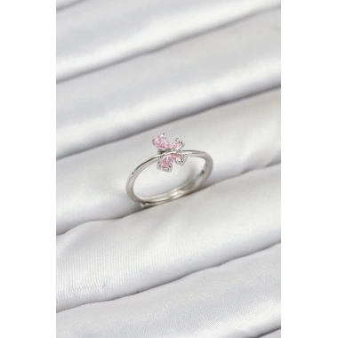 Pirinç Gümüş Renk Pembe Kelebek Kadın Yüzük