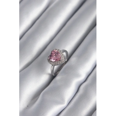Pirinç Gümüş Renk Pembe Zirkon Taş Kalp Charm Model Kadın Yüzük