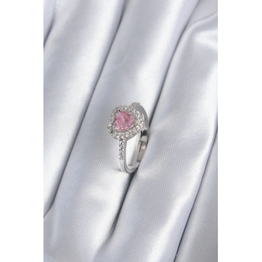 Pirinç Gümüş Renk Pembe Zirkon Taş Kalp Charm Model Kadın Yüzük