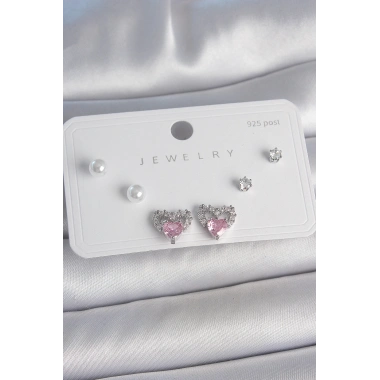 Pirinç Gümüş Renk Pembe Zirkon Taşlı Kalp Model İnci Detay 925 Ayar Gümüş Çivi Kadın Küpe Seti