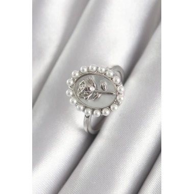 Pirinç Gümüş Renk Portre Gül Model İnci Detay Kadın Yüzük