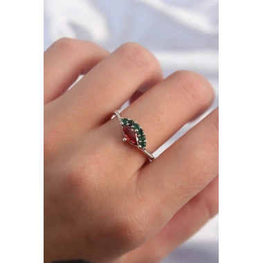 Pirinç Gümüş Renk Renkli Zirkon Taşlı Ayarlanabilir Karpuz Model Yüzük