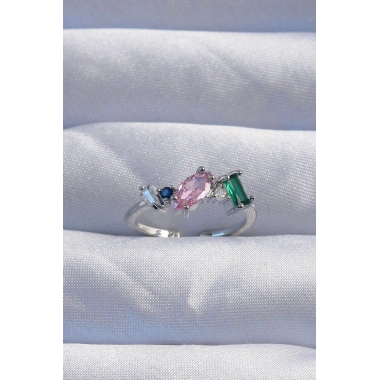 Pirinç Gümüş Renk Renkli Zirkon Taşlı Ayarlanabilir Yüzük