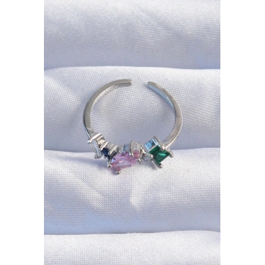 Pirinç Gümüş Renk Renkli Zirkon Taşlı Ayarlanabilir Yüzük
