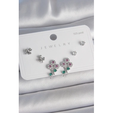 Pirinç Gümüş Renk Renkli Zirkon Taşlı Çiçek Model Yaprak Detay 925 Ayar Gümüş Çivi Kadın Küpe Seti