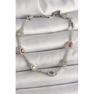 Pirinç Gümüş Renk Renkli Zirkon Taşlı Damla Taş Model Kadın Bileklik