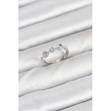 Pirinç Gümüş Renk Renkli Zirkon Taşlı Kadın Yüzük