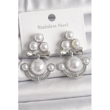 Pirinç Gümüş Renk Sallantı İncili Çapa Model Kadın Küpe