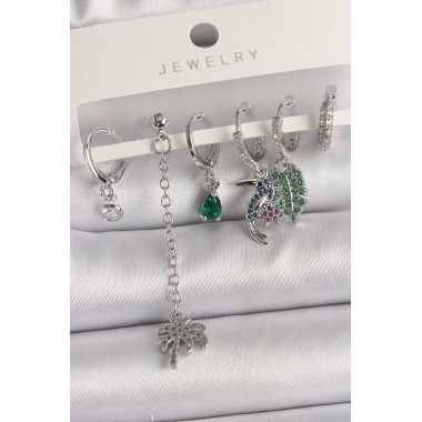 Pirinç Gümüş Renk Sallantı Zirkon Taşlı Ağaç Figür Çoklu Kadın Küpe Seti