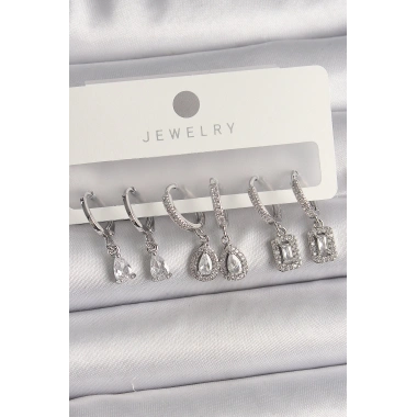 Pirinç Gümüş Renk Sallantı Zirkon Taşlı Damla Model Kadın Küpe Seti