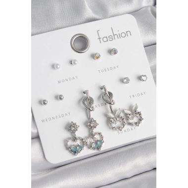 Pirinç Gümüş Renk Sallantı Zirkon Taşlı Kalp Model Düğüm Detay 7 Çift Kadın Küpe Seti