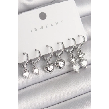 Pirinç Gümüş Renk Sallantı Zirkon Taşlı Kalp Model Taç Detay Kadın Küpe Seti