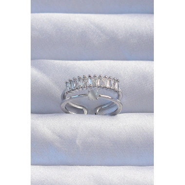 Pirinç Gümüş Renk Sedefli Zirkon Taşlı Su Yolu Model 2li Görünüm Ayarlanabilir Yüzük