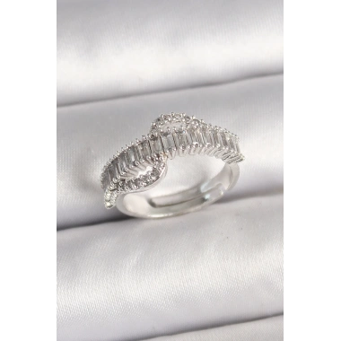 Pirinç Gümüş Renk Su Yolu Zirkon Taşlı Ayarlanabilir Model Kadın Yüzük