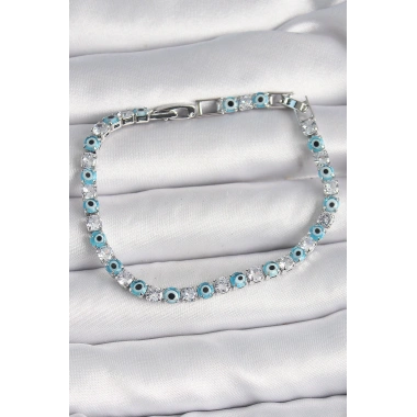 Pirinç Gümüş Renk Su Yolu Zirkon Taşlı Nazar Boncuklu Kadın Bileklik