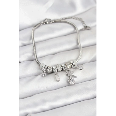 Pirinç Gümüş Renk Tinkerbell Charmlı Kadın Bileklik