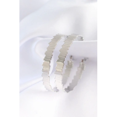 Pirinç Gümüş Renk Tırtıklı Halka Küpe