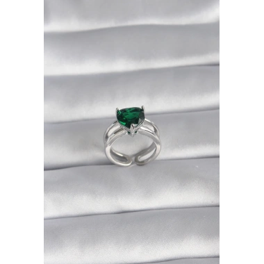 Pirinç Gümüş Renk Yeşil Zirkon Taşlı Tek Taş Model Kadın Yüzük