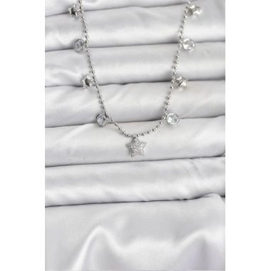 Pirinç Gümüş Renk Yıldız Model Kadın Kolye