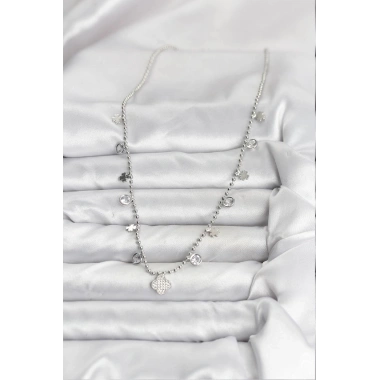 Pirinç Gümüş Renk Yonca Model Kadın Kolye