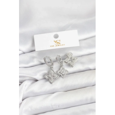 Pirinç Gümüş Renk Yonca Model YSX Trio Küpe Seti